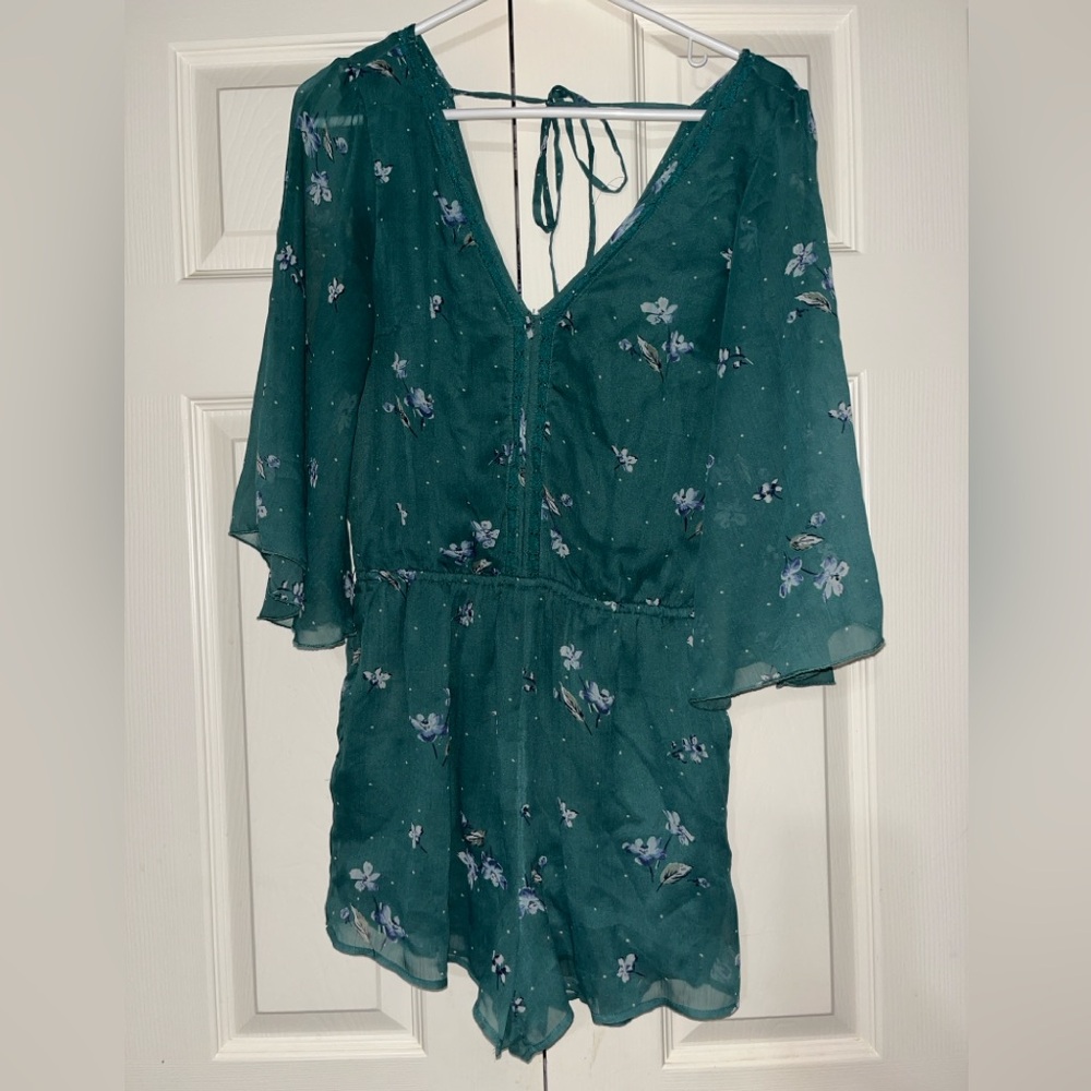 Floral Green Romper with Bell Sleeves